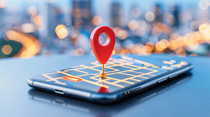 Poster - Smartphone with location map pin on display highlighting navigation features in urban setting