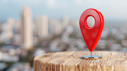 Poster - Location pin and map marker on a wooden table with city background and blurred buildings