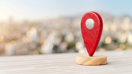 Aufkleber - Map marker location pin on wooden base with blurred city background for navigation and travel