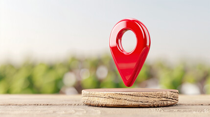 Poster - Location pin marker on wooden platform with nature background and clear sky