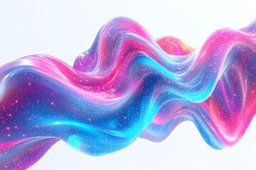 Abstract iridescent wave with glowing particles on a white background.