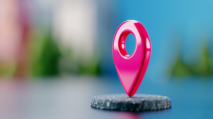  - Location marker on gray stone base with vibrant background foliage for navigation and mapping use