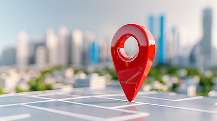 Poster - Location pin on map in urban setting with modern skyline