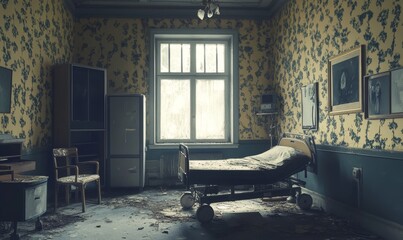 Wall Mural - Abandoned hospital room with a bed.