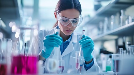 Poster - Female Scientist Examining Liquid in a Test Tube in a Laboratory