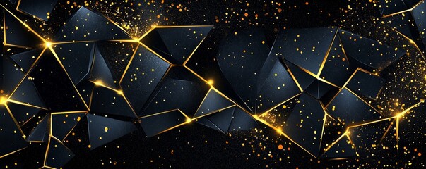 Poster - An abstract geometric background. Three-dimensional, black and golden triangles. Elegant design for a template, cover or banner. Geometric shapes in decorative styles.