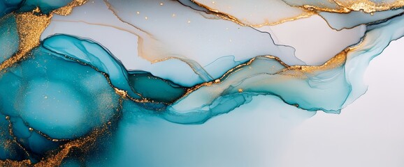Poster - Background with antique alcohol ink and golden design elements, luxury hand painted artwork, turquoise and orange accents, trendy wallpaper decoration