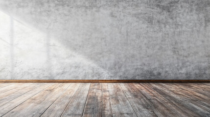 An empty room with a concrete wall and a wooden floor, illuminated by sunlight from the window.