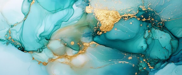 Poster - Golden design elements on alcohol ink background, luxury handpainted artwork, turquoise and orange accent, trendy wallpaper decoration