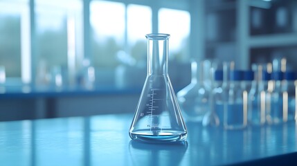 Poster - A Single Erlenmeyer Flask Filled with Liquid on a Blue Table in a Laboratory Setting