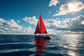 Sailboat with open scarlet sail in sea at blue sky with clouds horizon background. Luxury summer adventure on sailing yacht. Transportation, cruise, sailing, yachting concept. Copy text space