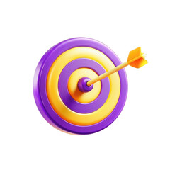 Poster - A vibrant 3D dartboard featuring concentric circles in purple and yellow, with an arrow embedded in the center, emphasizing precision and focus.