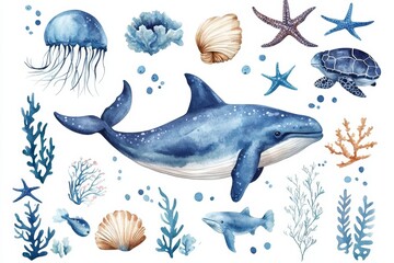 Set of sea animals. Blue watercolor ocean fish, turtle, whale and coral. Shell aquarium background. Nautical wildlife dolphin marine illustration, jellyfish, Generative AI