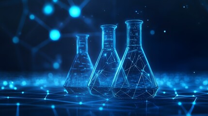 Poster - Three Glass Flasks Glowing with Blue Lines on a Network Surface