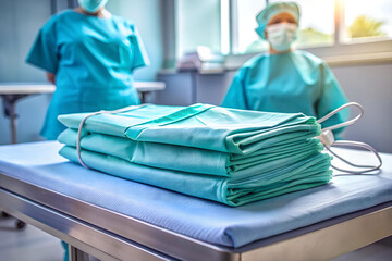 Wall Mural - A detailed shot of a surgical gown and mask neatly folded on a hospital table, ready for use.