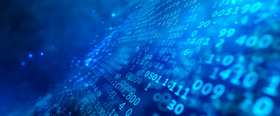 abstract blue digital background with binary code and data transfer concept