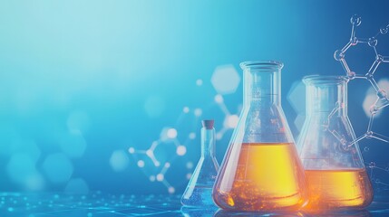 Poster - Three Glass Flasks Filled with Liquid on a Blue Background with a Chemical Structure