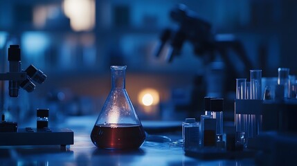 Poster - A Close-Up of a Flask Filled With Red Liquid in a Laboratory Setting