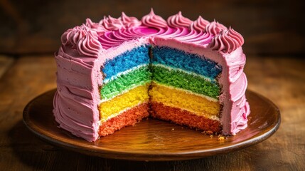 A colorful rainbow layer cake sliced open to reveal the vibrant colors inside.