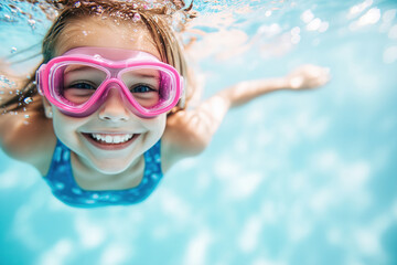 Smiling Girl Swimming Underwater In A Pool, Looking At The Camera, Wearing Pink Goggles And Blue Suit, On White Background, With Blurred Waves And Natural Lighting.