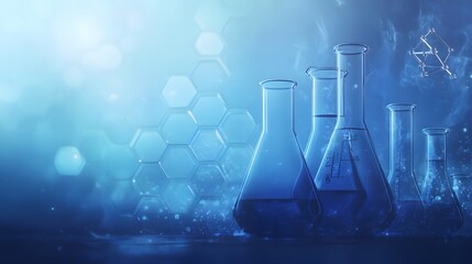 Poster - Glass Flasks with Blue Liquid on a Blue Background with a Chemical Structure