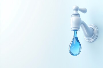 a drop of water falling from a tap, with another on the ground, on a white background Your text on right space.