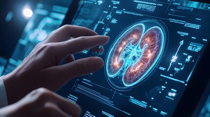 Poster - A Hand Interacting with a Digital Interface Displaying a 3D Model of Human Kidneys
