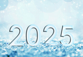 2025, new year card, blue icy snow and bokeh christmas and holidays backgroundbackground