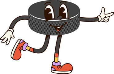Aufkleber - Groovy hockey puck sport character. Isolated cartoon vector playful personage with expressive eyes and colorful sneakers, embodies funky retro vibes for sports competition and tournament on ice rink