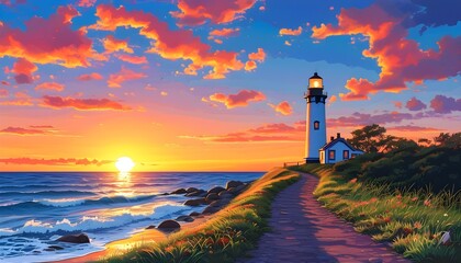 Dramatic sunset sky illuminating coastal path with lighthouse in vector illustration