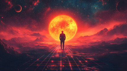 A Man in a Suit Walking on a Grid Floor, Gazing at Planets in a Futuristic Digital Environment, Symbolizing Exploration, Innovation, and the Boundless Potential of Technology and the Universe in a Con