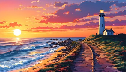 Dramatic sunset sky illuminating coastal path with lighthouse in vector illustration