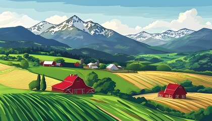 Wall Mural - Charming countryside scene showcasing mountains and idyllic farmhouses in a vibrant vector illustration