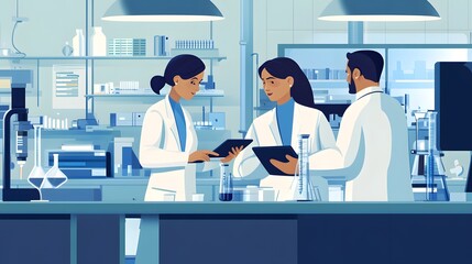 Poster - Three Scientists Collaborating in a Modern Laboratory Setting