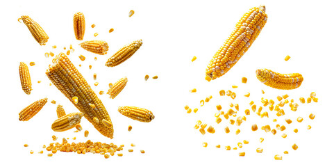 Wall Mural - Floating corn cob in air, kernels with whole corn cob on isolated transparent background