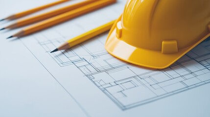 Yellow Hard Hat and Pencils on Architectural Blueprint