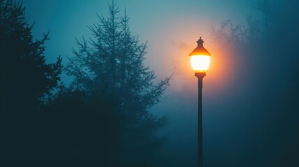 A street lamp illuminating a quiet, foggy evening in the city, with soft light diffusing through the mist.