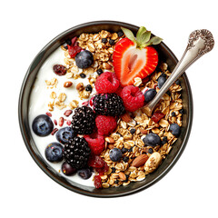 Bowl of oat granola with yogurt, fresh raspberries, blueberries, strawberries, blackberries and nuts with spoon on isolated transparent background