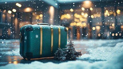 Wall Mural - banner of emerald suitcase on winter background in airport , concept of Christmas holiday