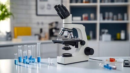 Poster - A microscope and test tubes on a white laboratory table