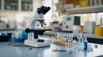 Poster - a microscope, test tubes, and petri dishes on a lab table