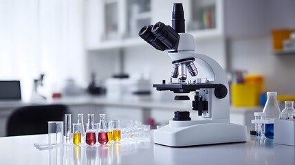 Poster - A Modern White Microscope on a Laboratory Table with Colored Solutions in Glassware