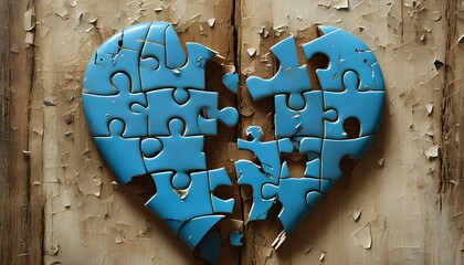 Heart-shaped jigsaw puzzle pieces scattered, embodying the essence of heartbreak and the fractures in relationships