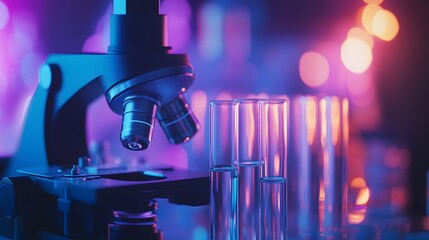 Poster - A Microscope and Test Tubes Under Neon Lights