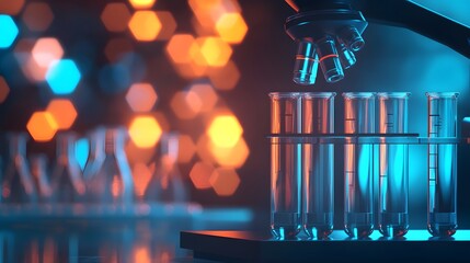 Poster - microscope and test tubes in a lab setting with blue and orange lighting
