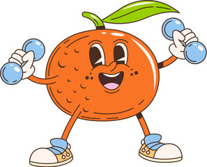 Poster - Retro cartoon groovy tangerine fruit character. Isolated vector cheerful orange fruit with a green leaf on top, lifting dumbbells. energetic, happy and healthy personage promotes fitness and vitality