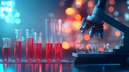 Poster - Microscope and Test Tubes with Red Liquid in a Lab Setting