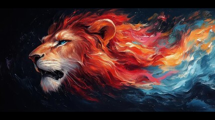 dynamic abstract representation of a lions spirit using bold expressive brushstrokes and vibrant col