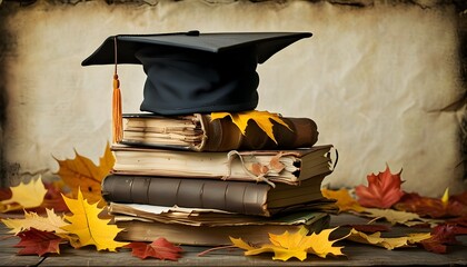 Celebration of Knowledge with Graduation Cap, Old Books, and Autumn Leaves on Vintage Textured Paper