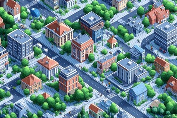 Wall Mural - Isometric Design of City Streets and Buildings, Generative AI